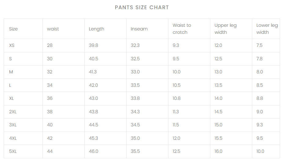 Leather Pants Size Chart