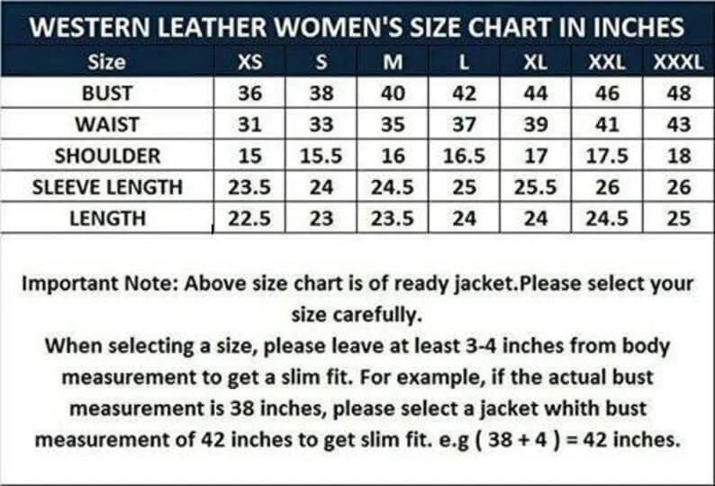 Womens Leather Jackets Size Chart