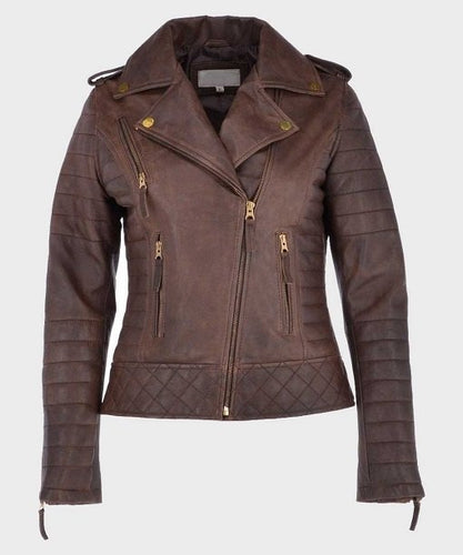 Womens Brown Distressed Biker Leather Jacket