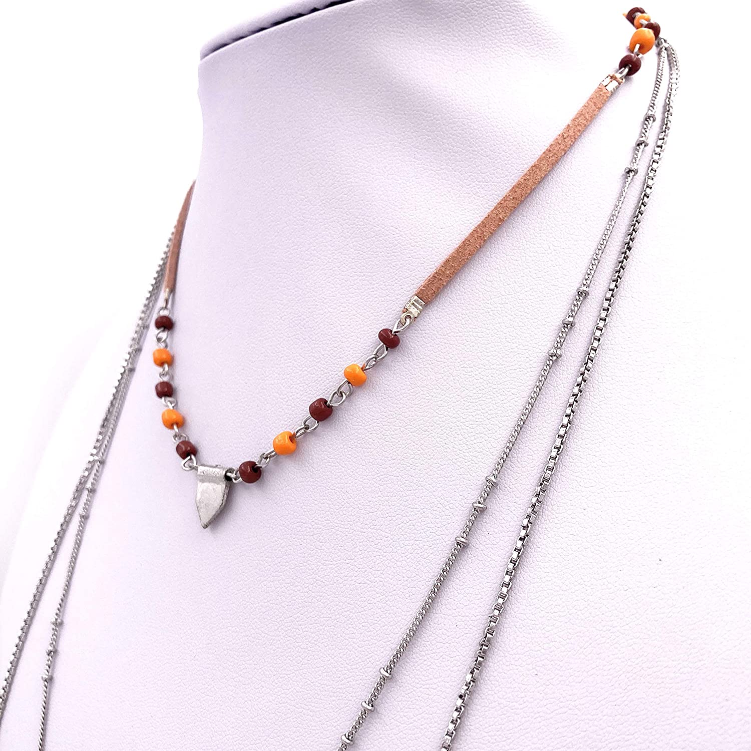 3 Layer Long Tassel Necklace With Orange Beads Wishes N Kisses