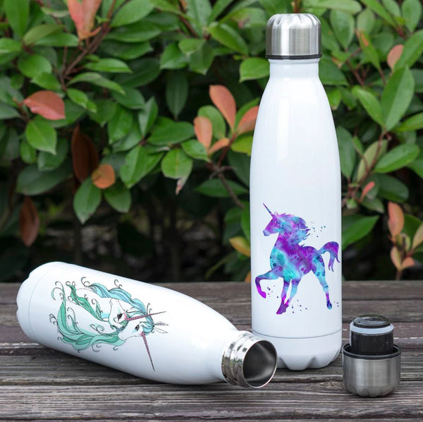 illustration stainless steel water bottle blue and purple unicorn