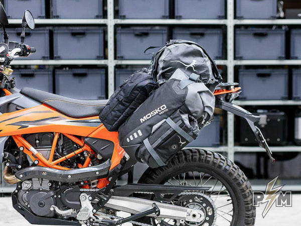 Perun moto KTM 690 Luggage rack and Heel guards with Mosko moto Reckless 80 and Gnoblin- 3