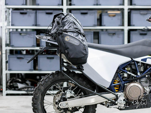 Perun moto Husqvarna 701 Luggage rack and Vanasche minimalist pannier racks - 13 giant loop great basin