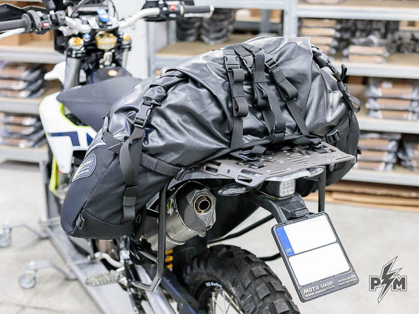 Perun moto Husqvarna 701 Luggage rack and Vanasche minimalist pannier racks - 14 giant loop great basin