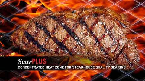 SearPlus showing a steak on a diamond patterned grill with flames