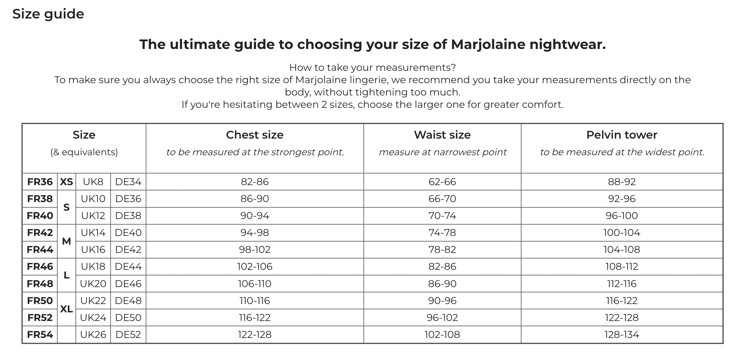 Marjolaine Size Guide