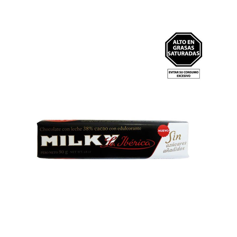 Barra Milky La Ibérica Sin Azúcar 50 gr contiene chocolate con leche 40% cacao con edulcorante. (5831216332952)