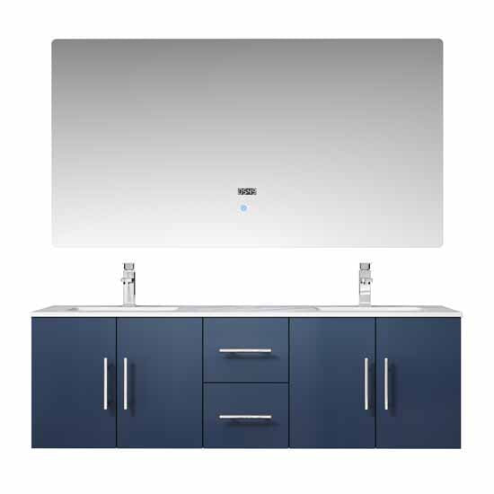 Lexora Geneva 60" - Navy Blue Double Bathroom Vanity (Options: White Carrara Marble Top, White Square Sink and 60" LED Mirror w/ Faucets) - Lexora - Ambient Home