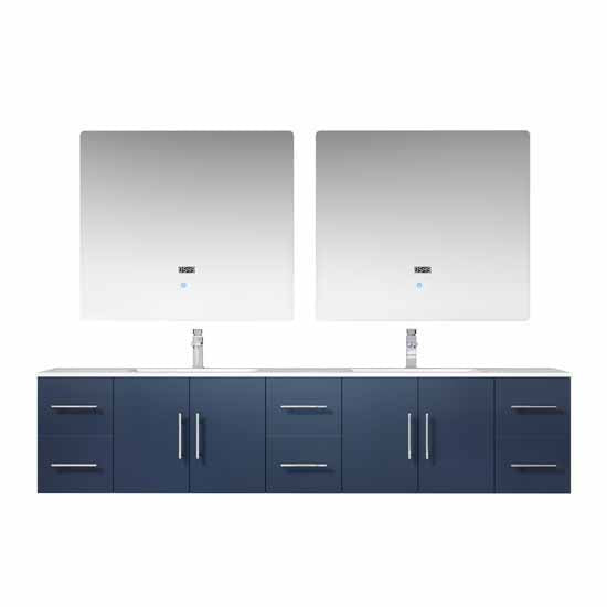 Lexora Geneva 84" - Navy Blue Double Bathroom Vanity (Options: White Carrara Marble Top, White Square Sinks and 36" LED Mirrors w/ Faucets) - Lexora - Ambient Home