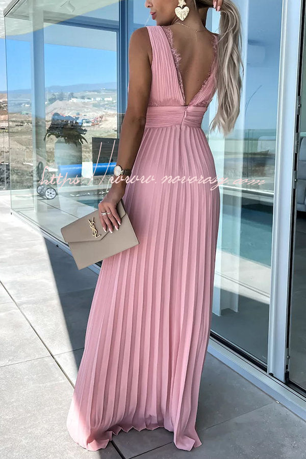 Always Elegant Lace Trim V-neck Pleated Maxi Dress