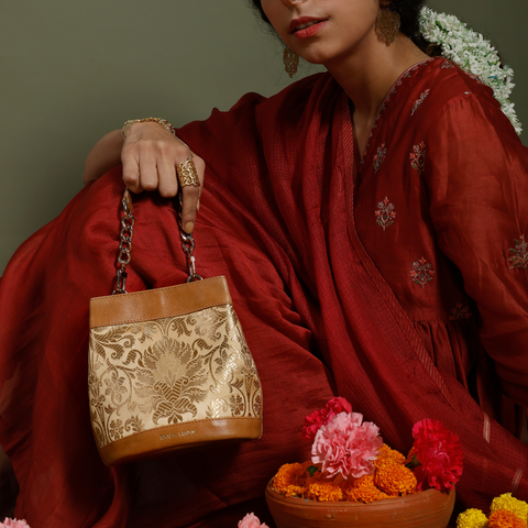 Handcrafted Tuscany Genuine Leather & Banarasi Brocade Rani Batua for Women Tan & Loom