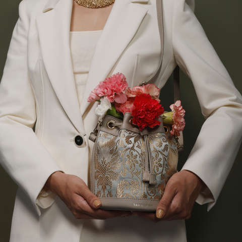 Handcrafted Mint Grey Genuine Leather & Banarasi Brocade Bombay Bucket Bag for Women Tan & Loom