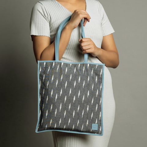 Blue & Grey Leather & Ikat Skinny Tote Tan & Loom