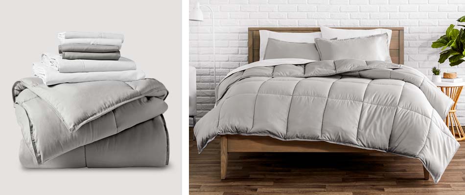 Left: Dorm xl twin bedding set with comforter, shams, flat sheet, fitted sheet, and pillowcases.  Right: a queen bed is shown made with the bedding set in gray and white.