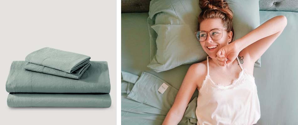 Left: Twin XL sheet sets in a green color.  Right: A student is shown from above lounging on a bed with green sheets.  She is smiling.