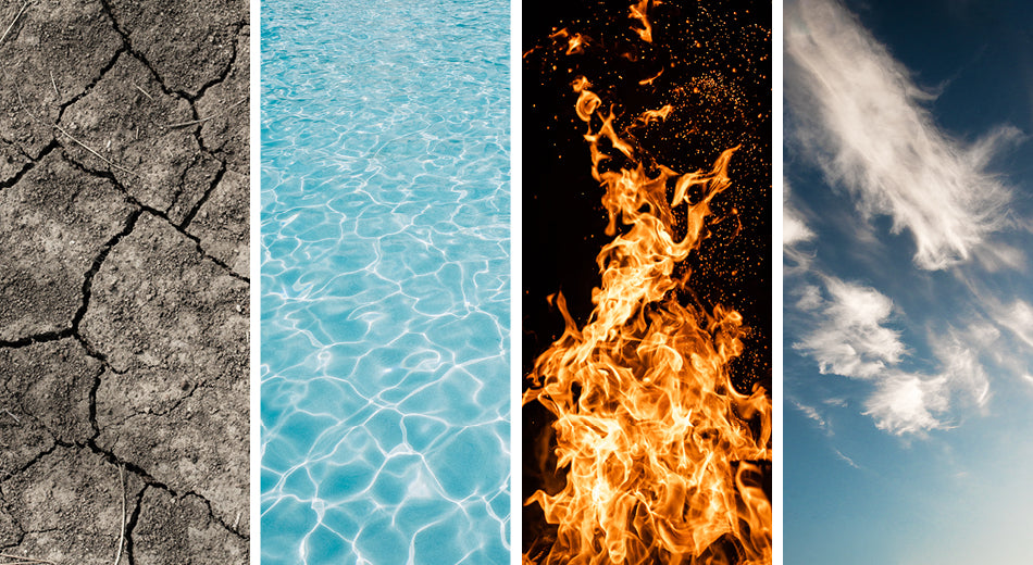 A collage representing the four elements: earth, water, fire, wind.