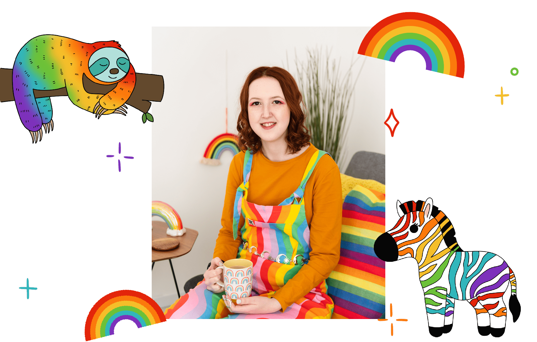 A picture of Abby sitting on a sofa with a mug in her hands. Her illustrations surround the image.