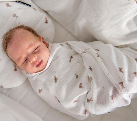 Baby swaddled in a muslin swaddle