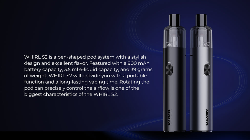 Uwell Whirl S2 Pod KIT
UWELL WHIRL S2 POD KIT. The Uwell Whirl S2 Pod Kit is a pen-shape pod system with large battery capacity and rotating airflow control, for precision mouth