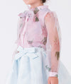 The perfect set with a lilac ruffles blouse with an elegant bow and a baby blue skirt