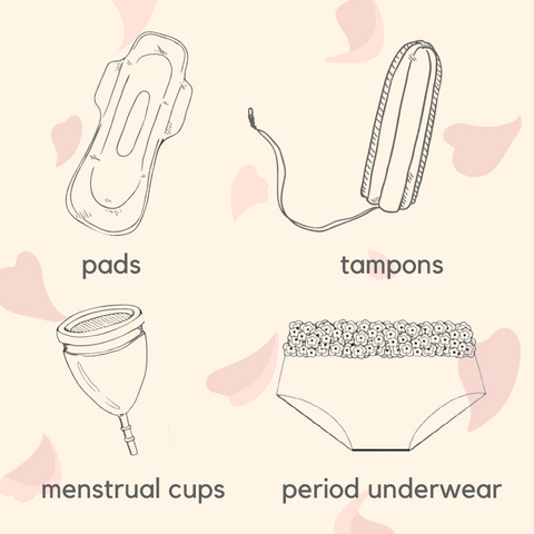 Types of period products: pads, tampons, menstrual cups and period underwear