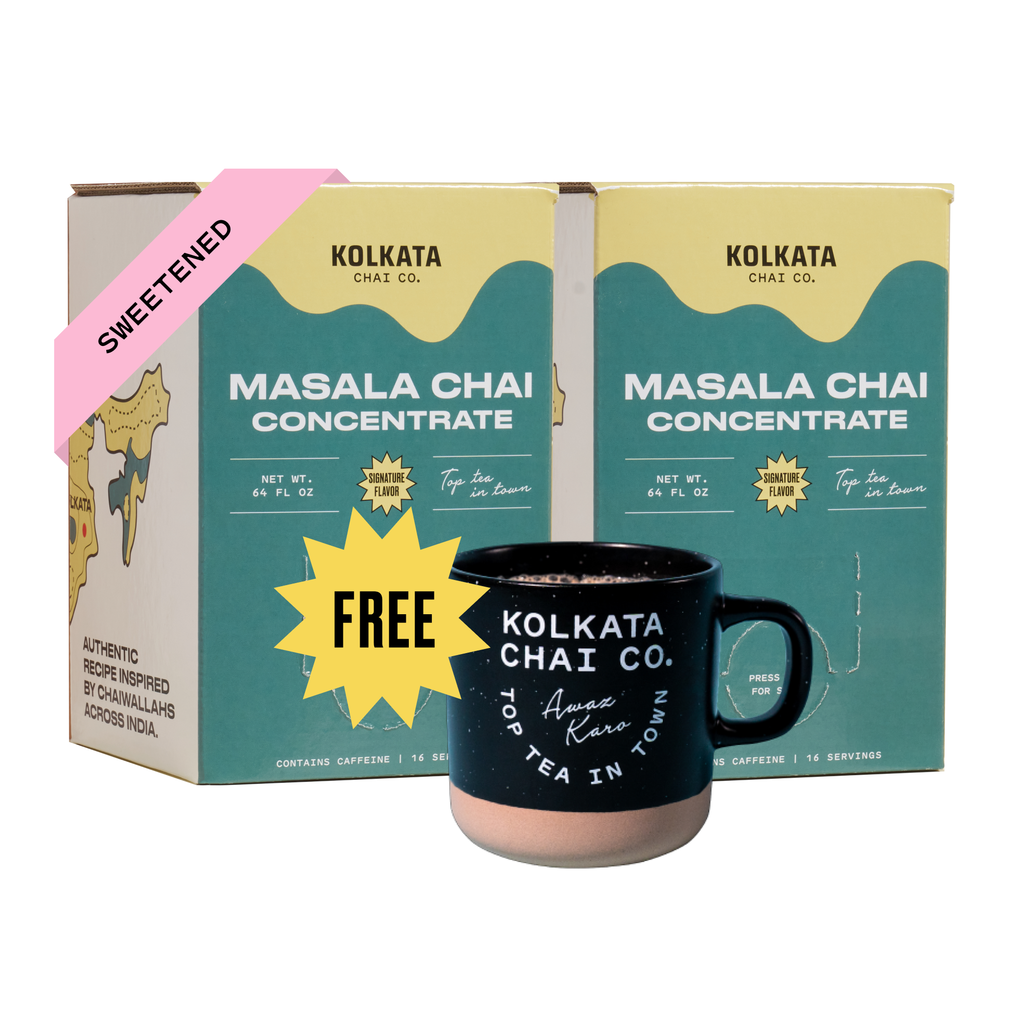 Boxes of Masala Chai Concentrate with a free Kolkata Chai Co. mug.