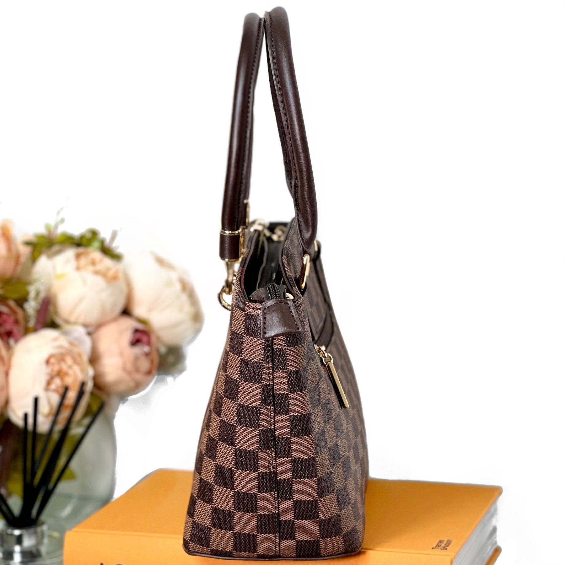 Martyna Brown Shopper Checkered Tote Bag & Sophia Clutch Bag – Luxe Volition