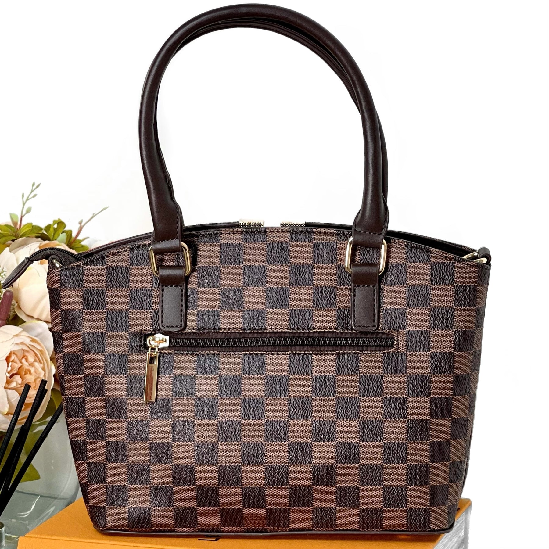 Martyna Brown Shopper Checkered Tote Bag & Sophia Clutch Bag – Luxe Volition