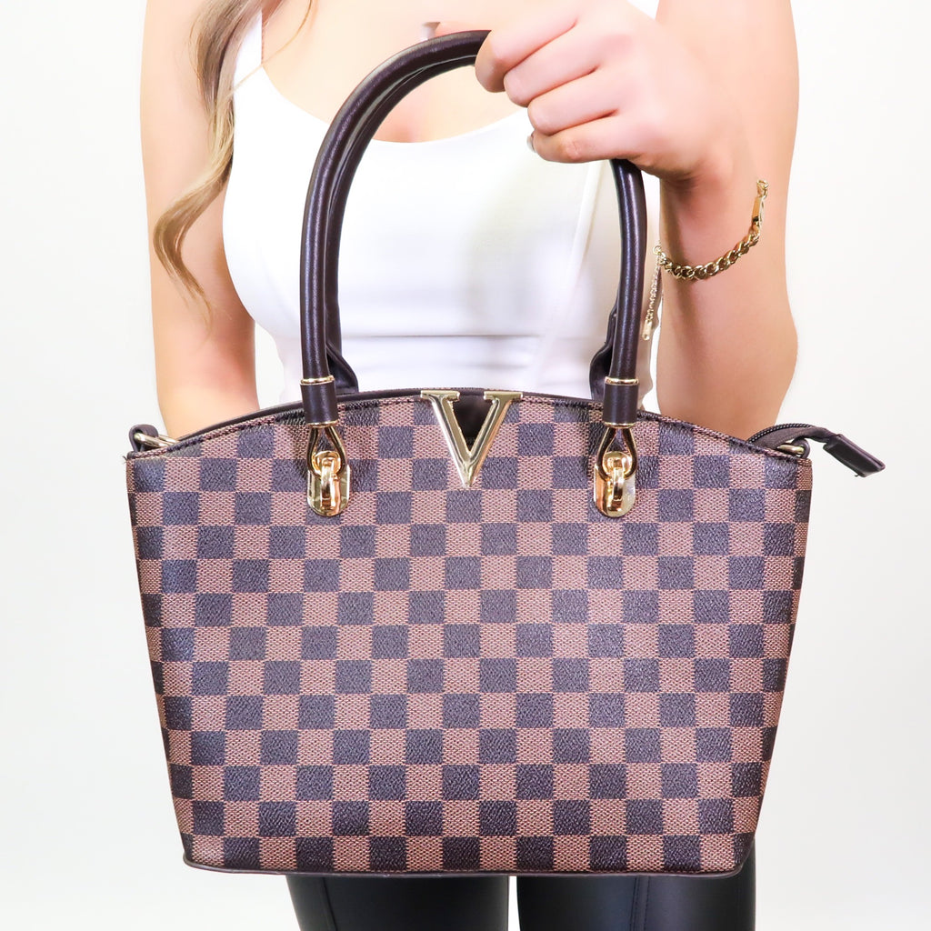 Martyna Brown Shopper Checkered Tote Bag & Sophia Clutch Bag – Luxe Volition