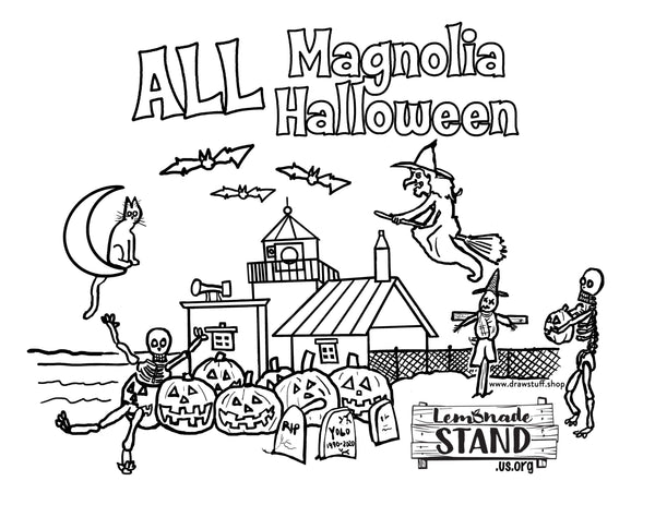a coloring page of magnolia discovery park lighthouse with halloween decorations