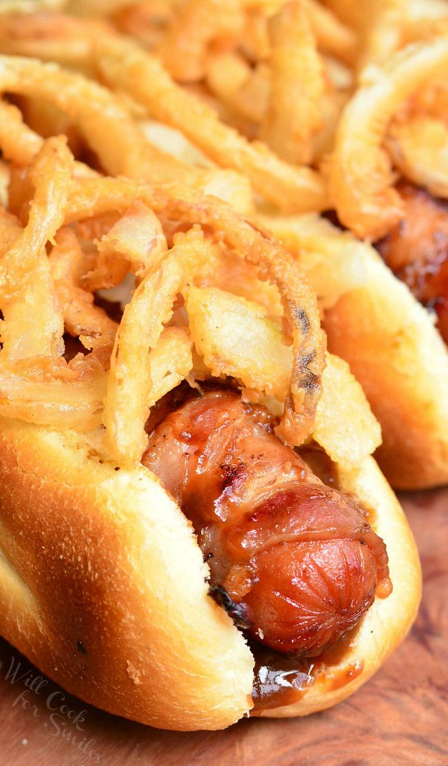 BBQ Bacon and Crispy Onion Hot Dogs