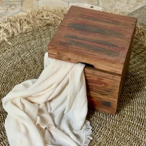 Stool, side table, and storage box made from reclaimed boat wood. 