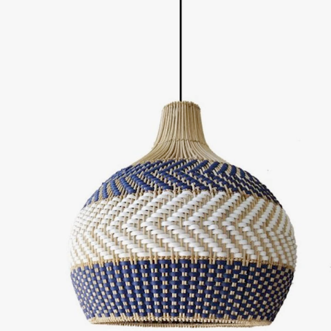 A hanging white and blue egg-shaped rattan lamp