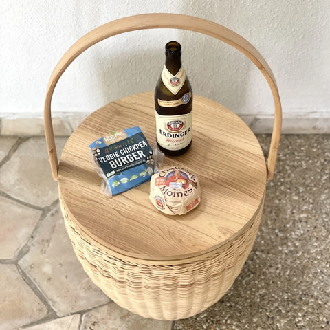 Basket/Table made from rattan and teak wood lid