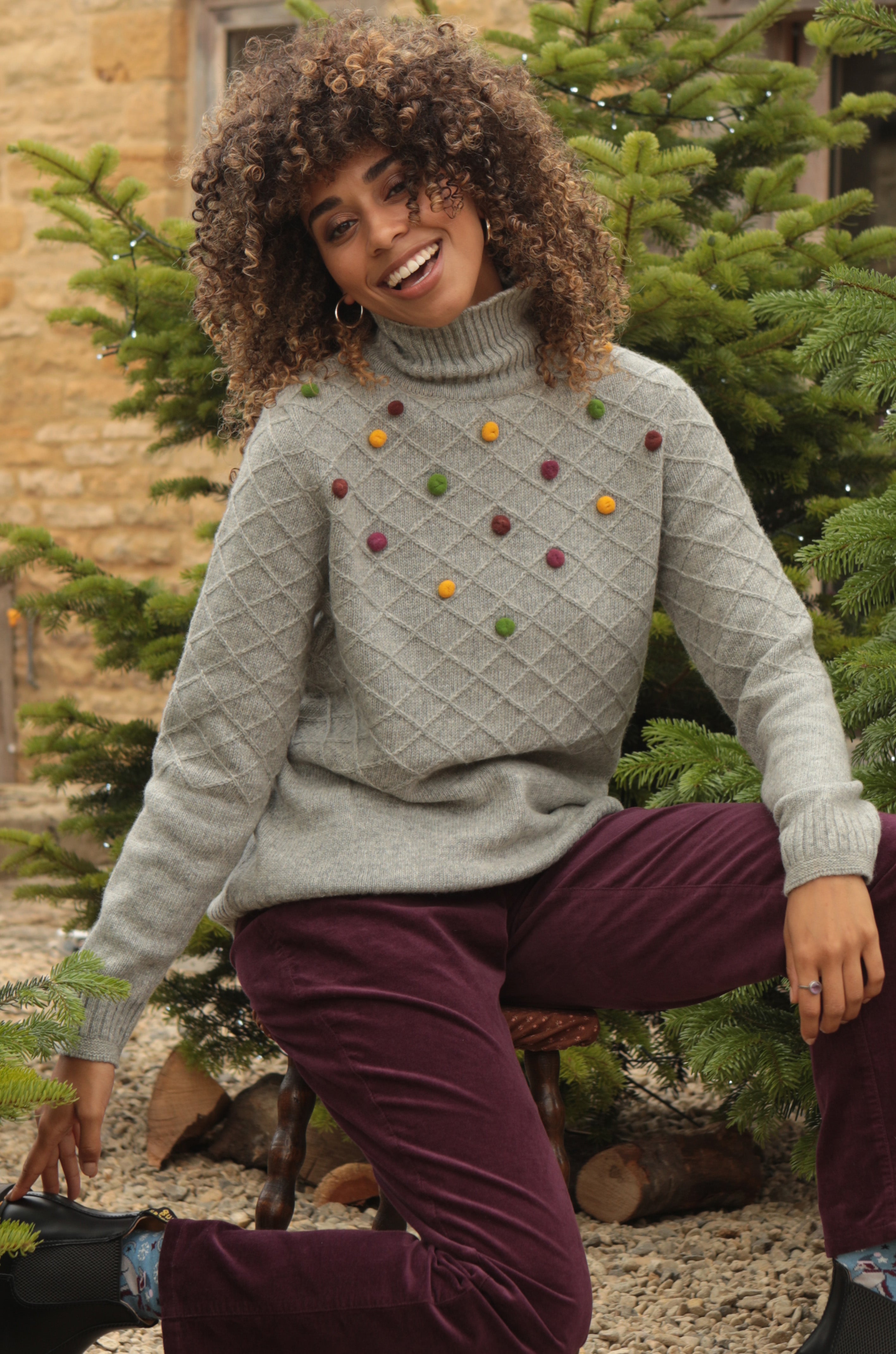 Box Weave & Bobble Turtle Neck Jumper, Grey Multi / 12
 