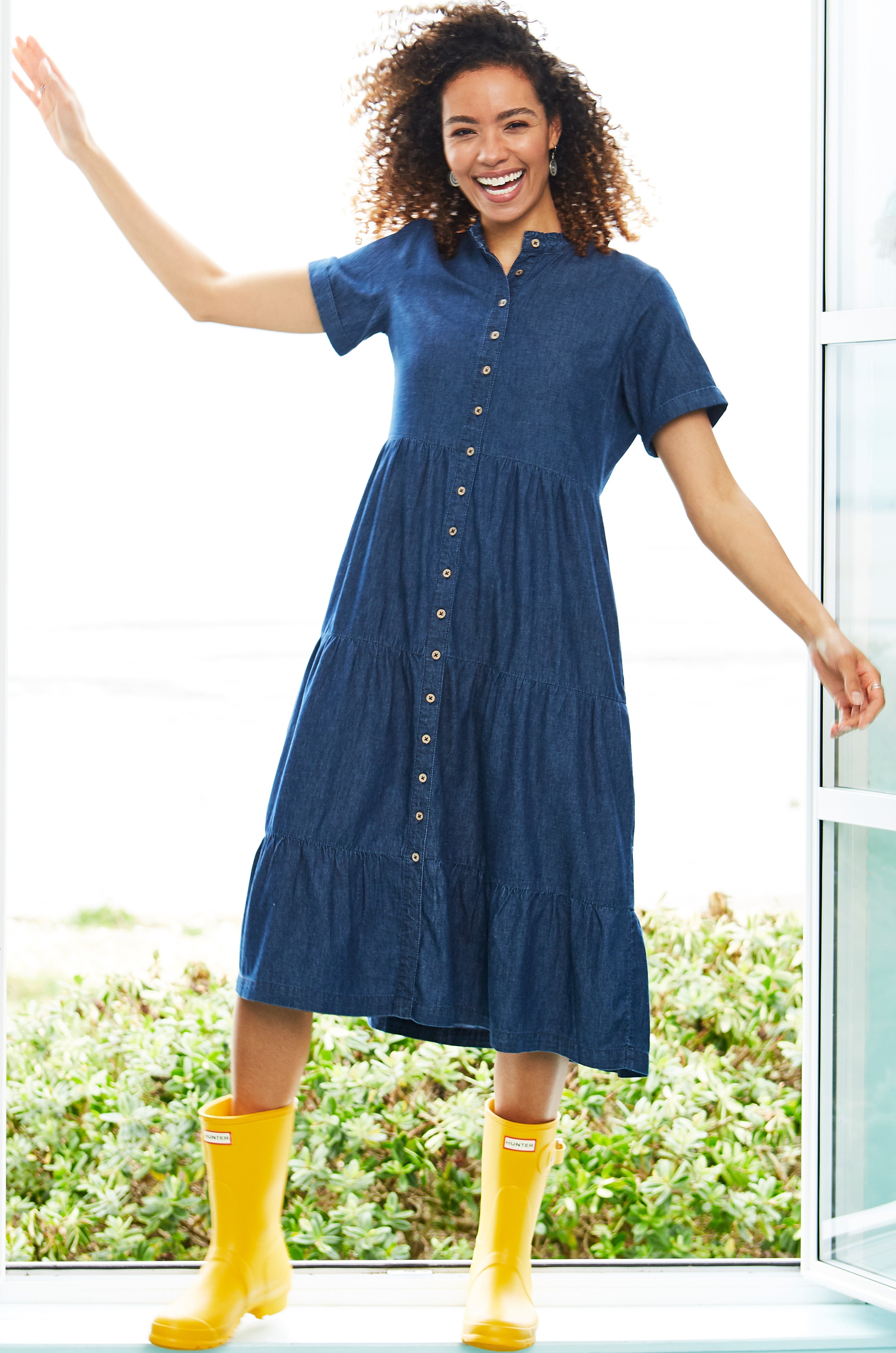 Button Through Denim Tiered Dress, 10 / Indigo Wash
 