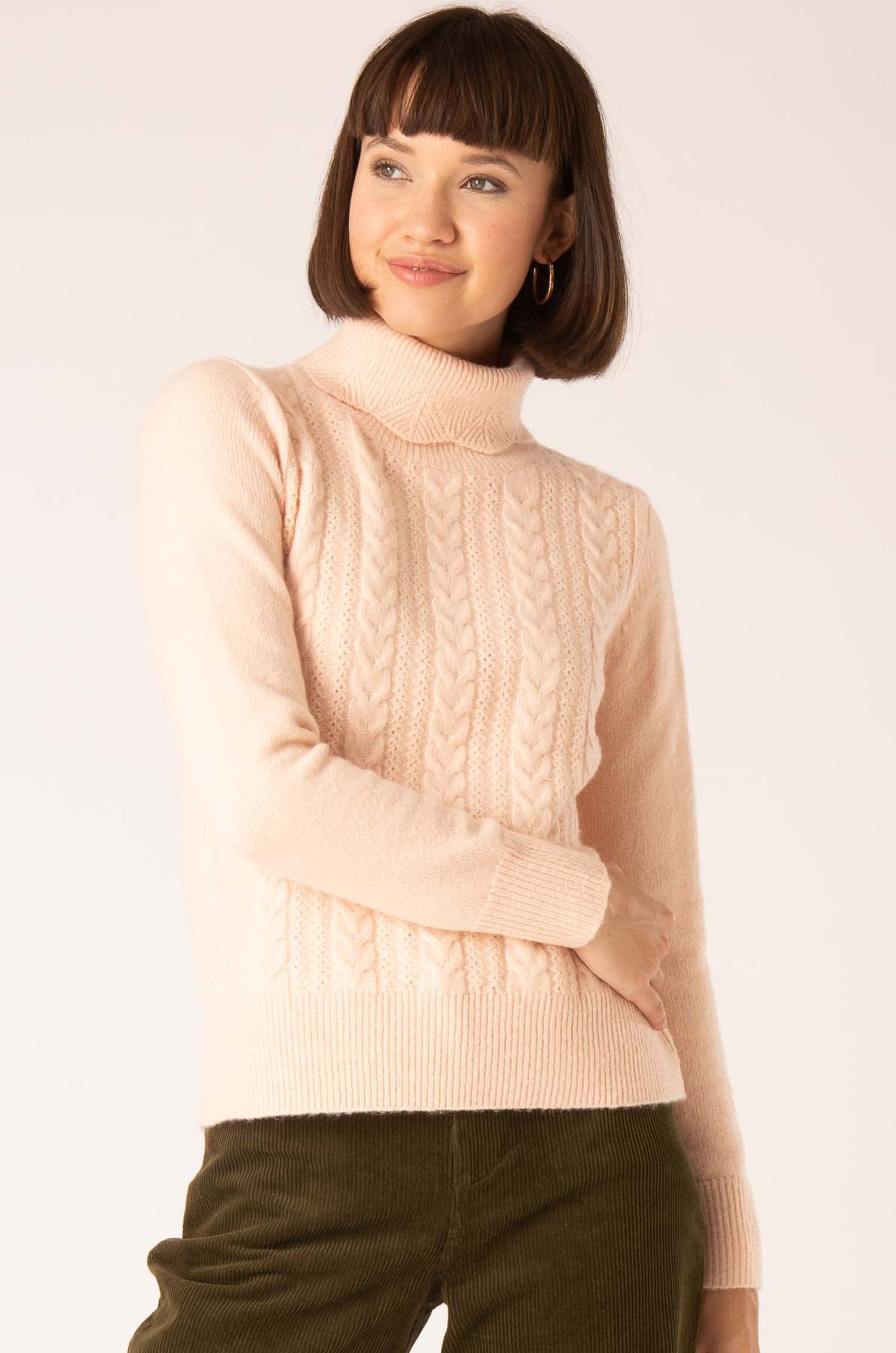 Cable Front Pointelle Turtle Neck Knit in Soft Pink, Soft Pink / 16