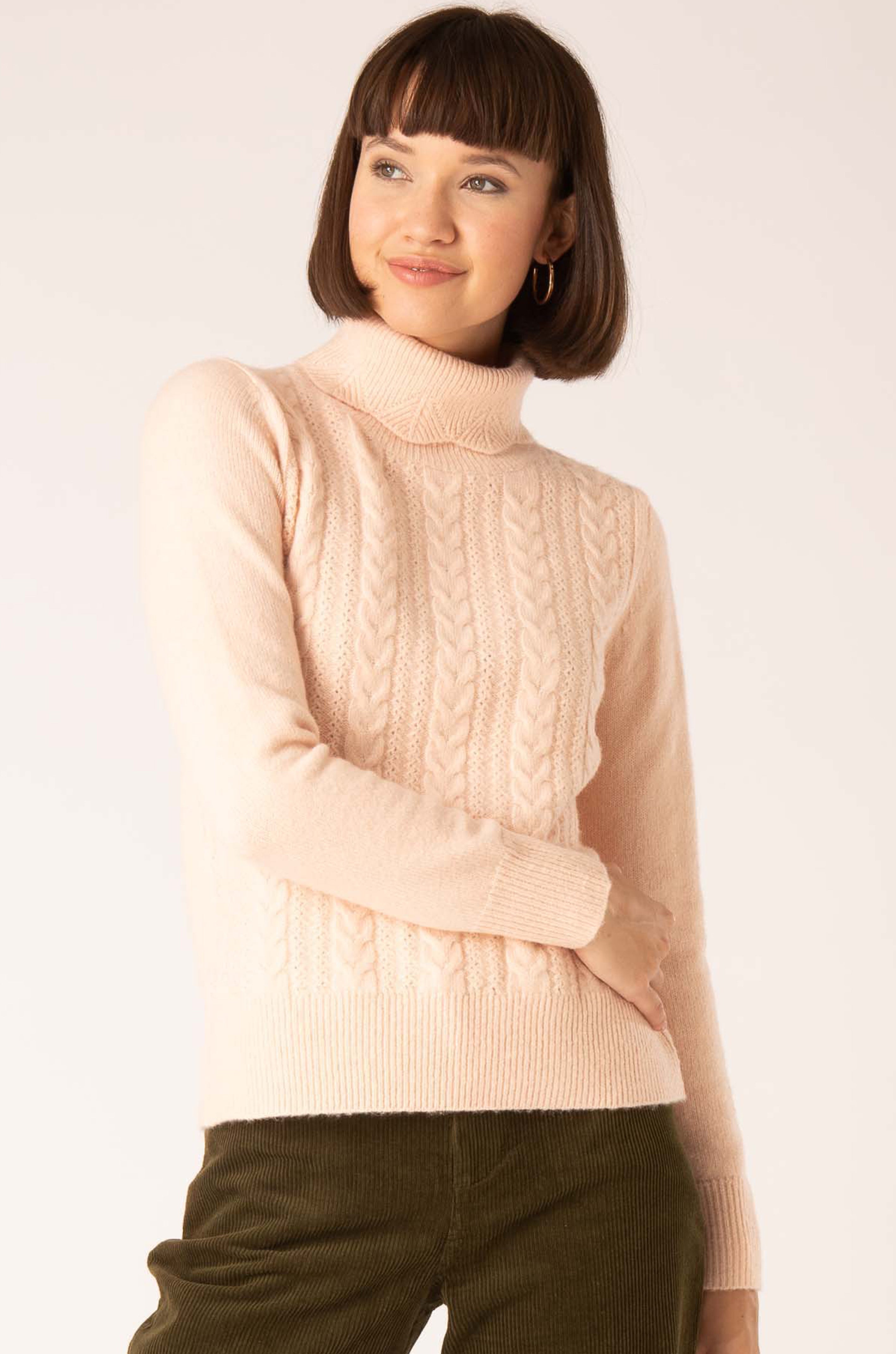 Cable Front Pointelle Turtle Neck Knit in Soft Pink, Soft Pink / 18
 