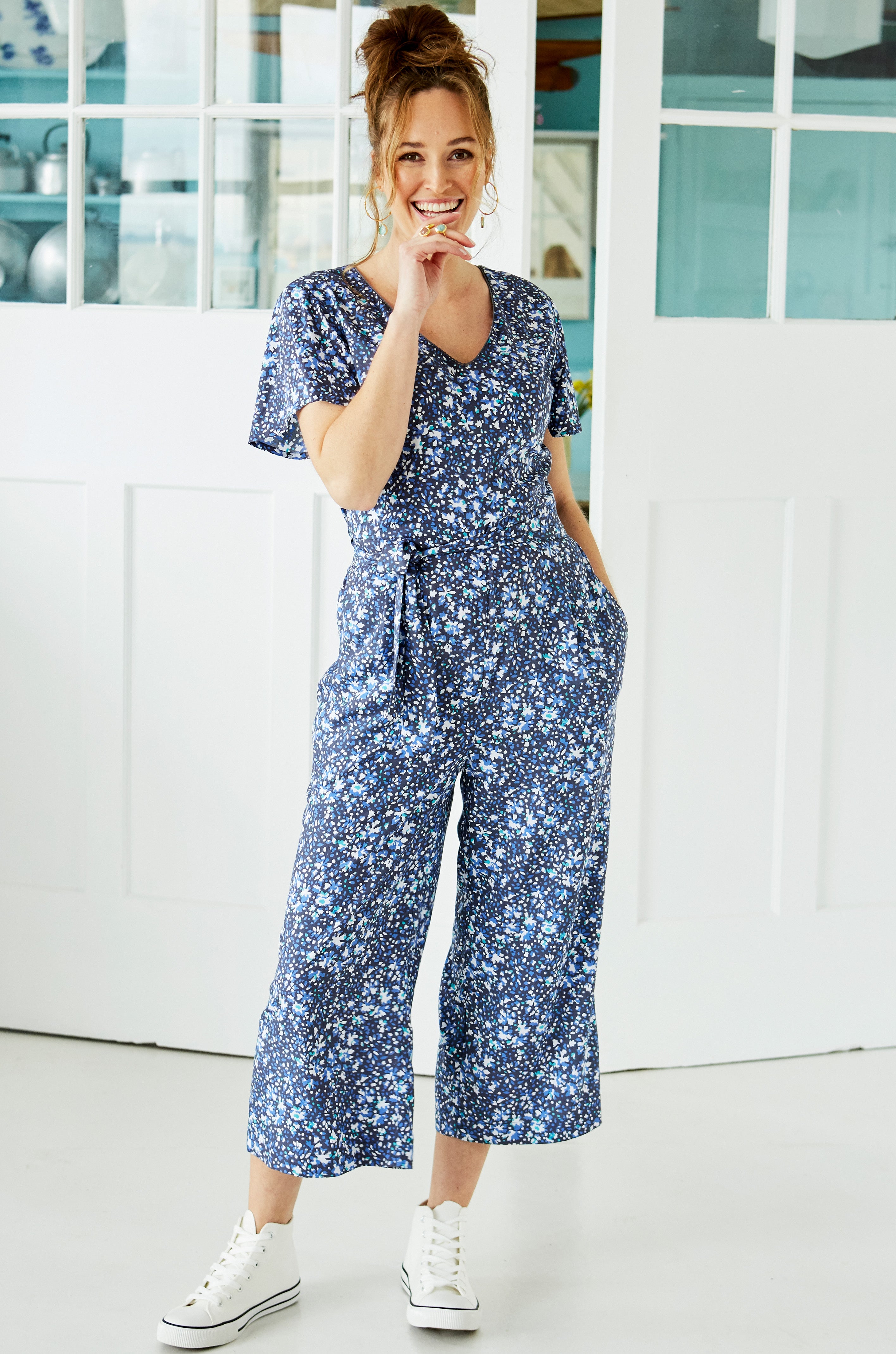 Indian Petal V Neck Jumpsuit, 14 / Eclipse