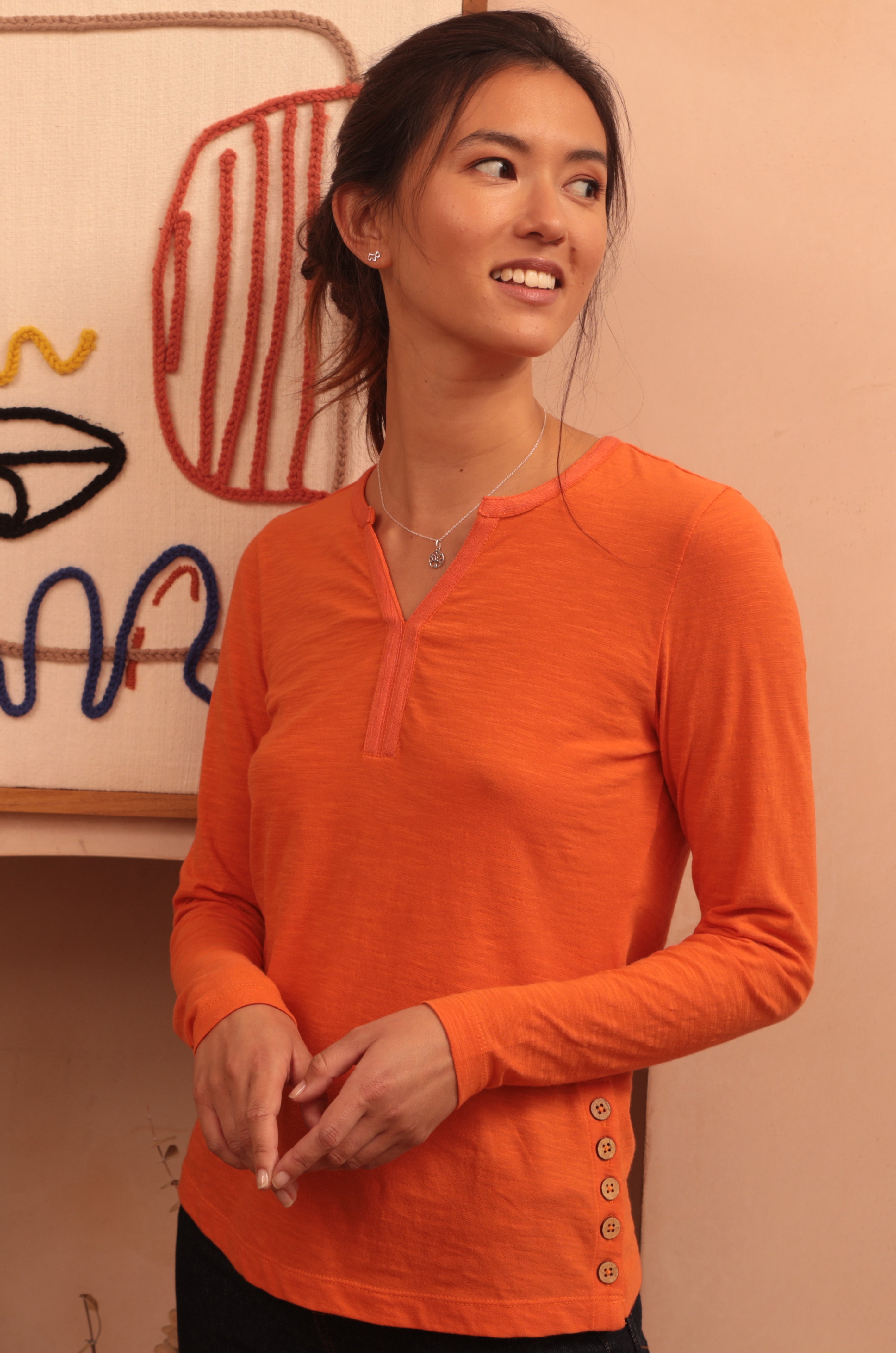 Long Sleeve Notch Neck Tee in Harvest Pumpkin, Harvest Pumpkin / 14
 