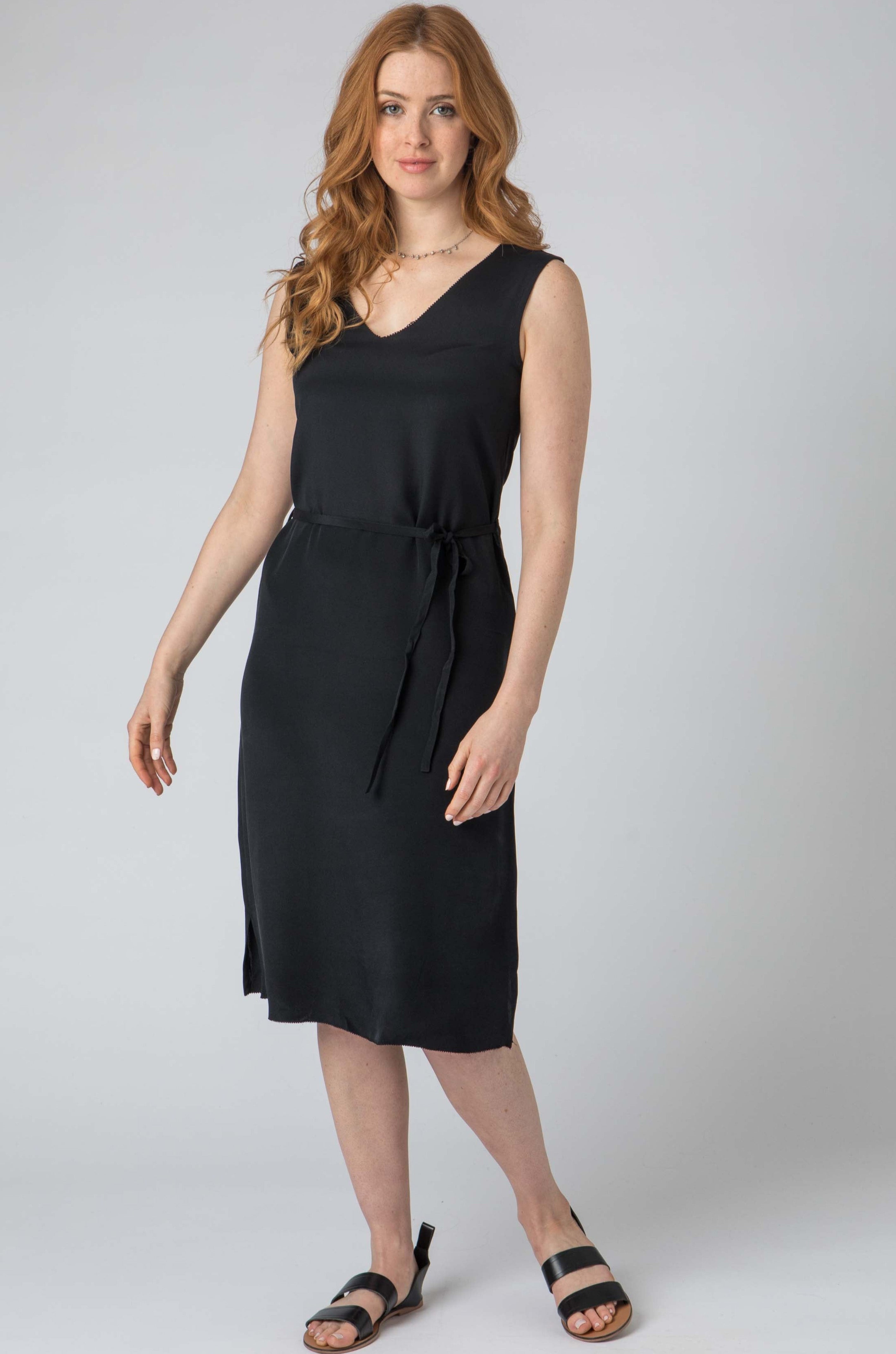 Sleeveless Silk Midi Dress in Black, Black / 1