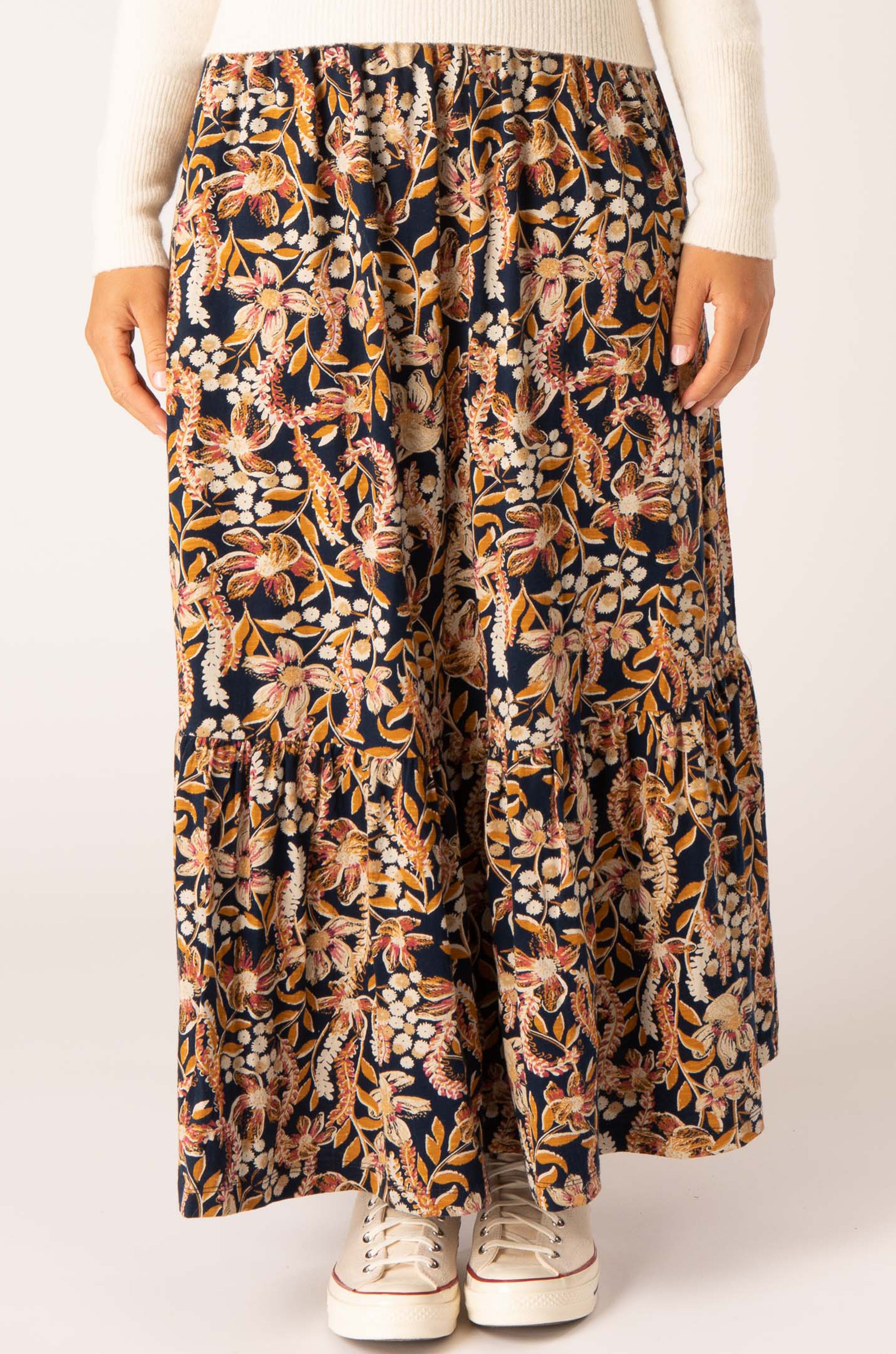 Autumnal Blooms Tiered Slub Jersey Skirt, 16 / Multi
