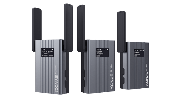 SYNCO TS UHF wireless microphone system has two transmitters for two-person recording. It features a screen to display the working status.