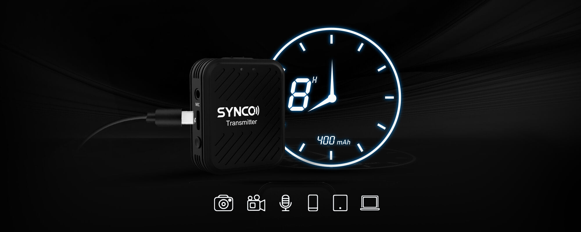 SYNCO G1(A2) is wireless stereo microphone for camcorder, cameras and mobile devices. It supports recording of 8 hours with 400mAh battery.