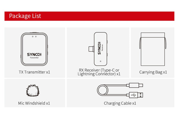 SYNCO G1T OR G1L package includes transmitter, receiver, mic windshield, charging cable, and a carrying bag.