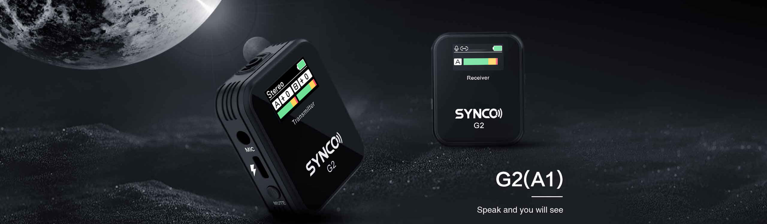 SYNCO G2(A1) portable wireless microphone includes a transmitter and receiver. Each has a screen.