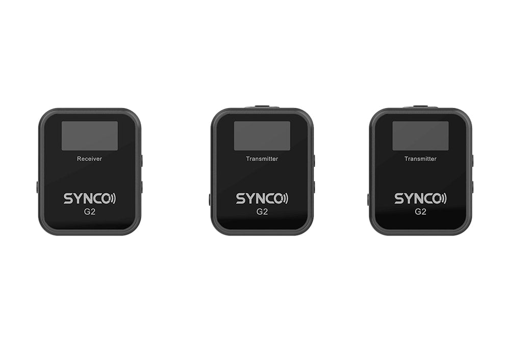 SYNCO G2(A2) small dual wireless microphone carries TFT screen on two transmitters and a receiver.