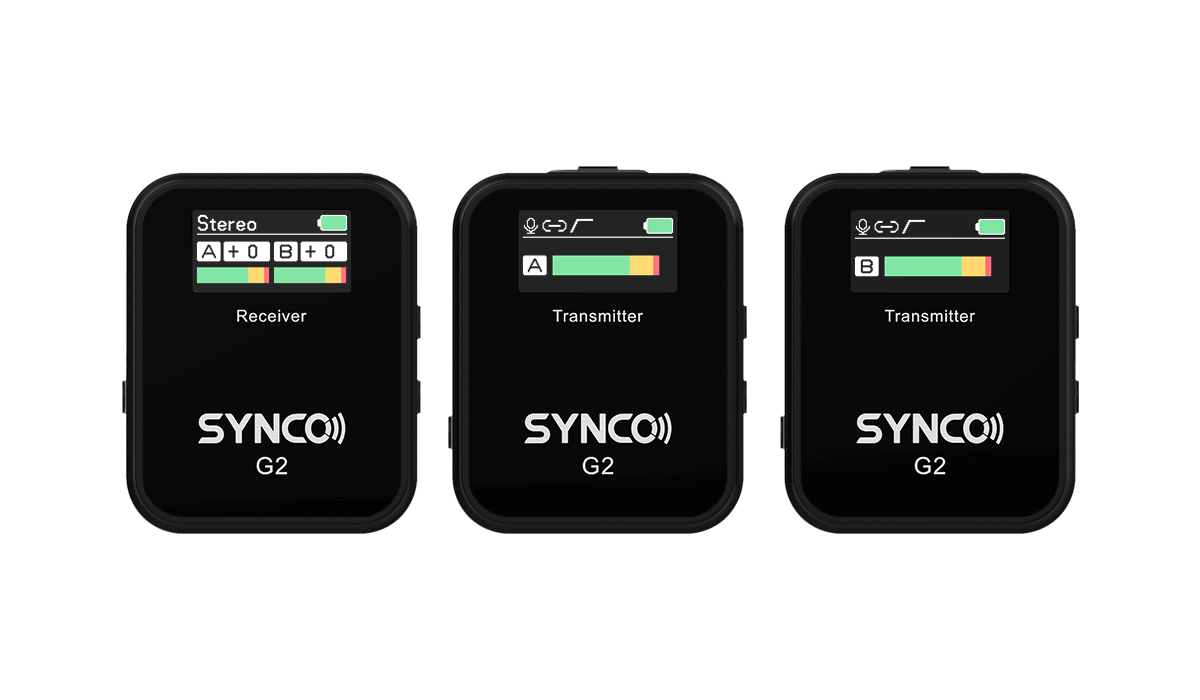 SYNCO G2(A2) wireless microphone for PC conference has two transmitter and one receiver. Each carries a display screen.