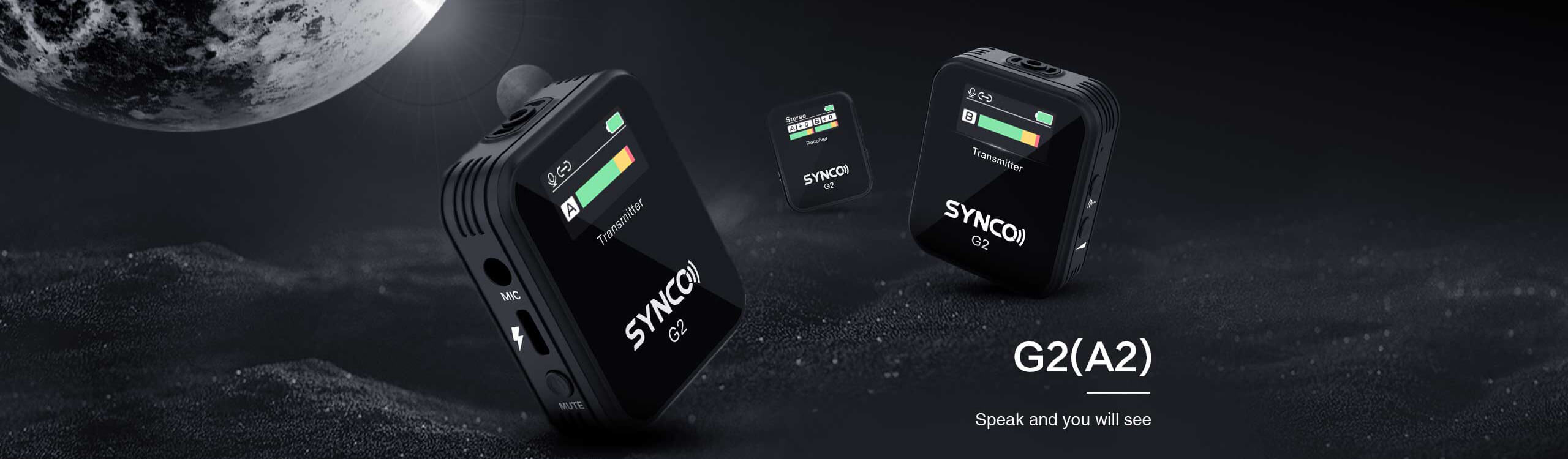 SYNCO G2(A2) dual wireless microphone consists of two transmitter and a receiver. They all carry a screen.