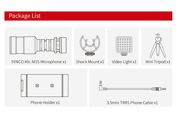 Le kit SYNCO Kit 2 comprend un microphone M1S, un support antichoc, une lampe vidéo, un mini trépied, un support de téléphone et un câble téléphonique TRRS de 3,5 mm.